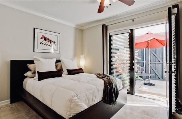 bedroom featuring ceiling fan, access to exterior, and ornamental molding