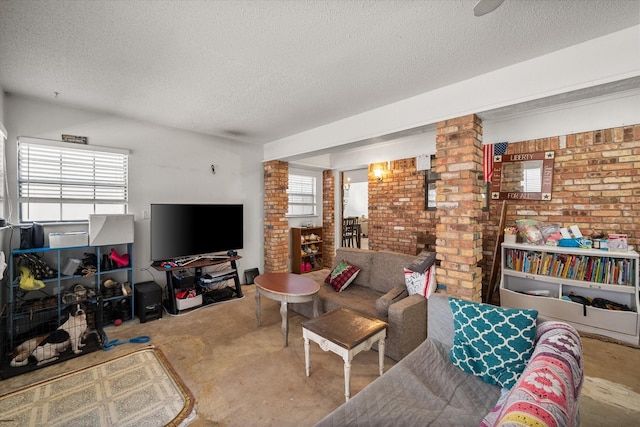 living room featuring a textured ceiling