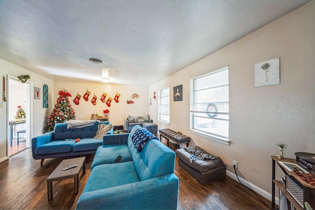 living room with dark hardwood / wood-style floors