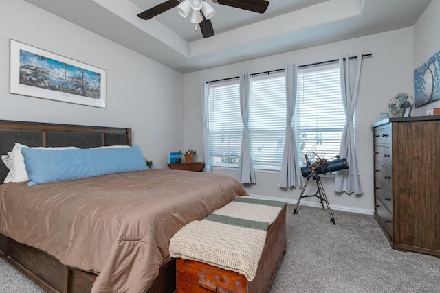 carpeted bedroom featuring a tray ceiling and ceiling fan