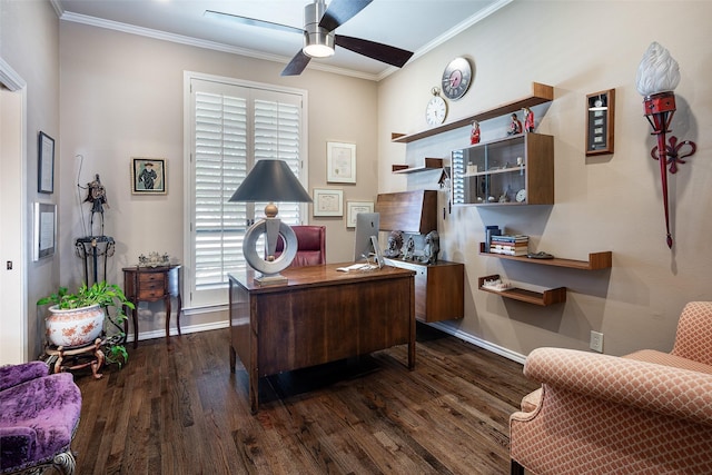 office space featuring dark hardwood / wood-style flooring, ceiling fan, and crown molding