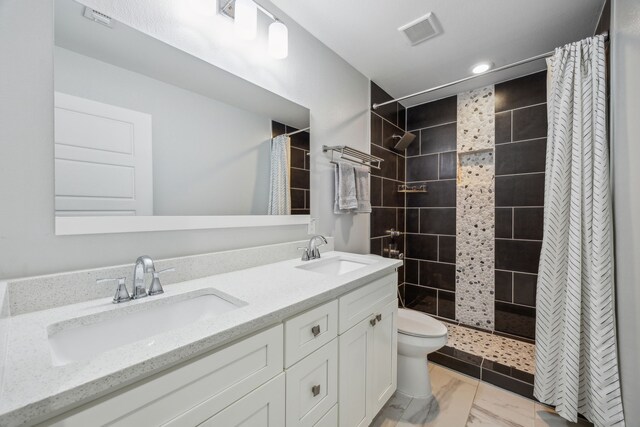 bathroom featuring a shower with curtain, vanity, and toilet