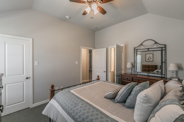 carpeted bedroom with lofted ceiling and ceiling fan