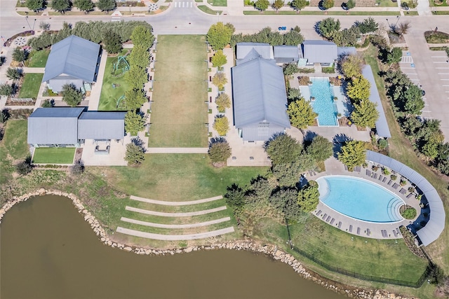 drone / aerial view with a water view