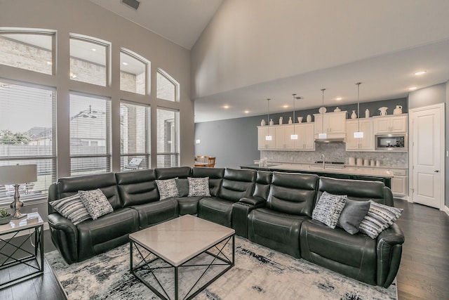 living room with dark hardwood / wood-style floors, sink, and high vaulted ceiling