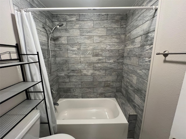 bathroom with shower / tub combo with curtain and toilet