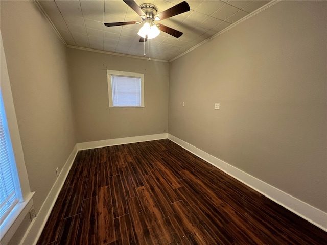 unfurnished room featuring ceiling fan, ornamental molding, and hardwood / wood-style floors