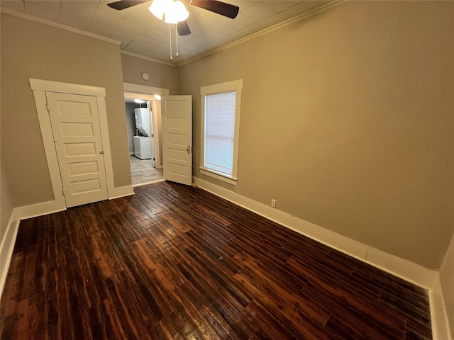 unfurnished bedroom with crown molding, dark wood-type flooring, and ceiling fan