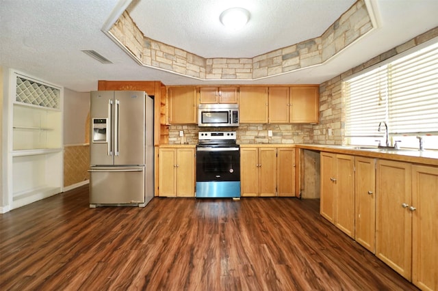 kitchen featuring dark hardwood / wood-style flooring, a textured ceiling, stainless steel appliances, and sink