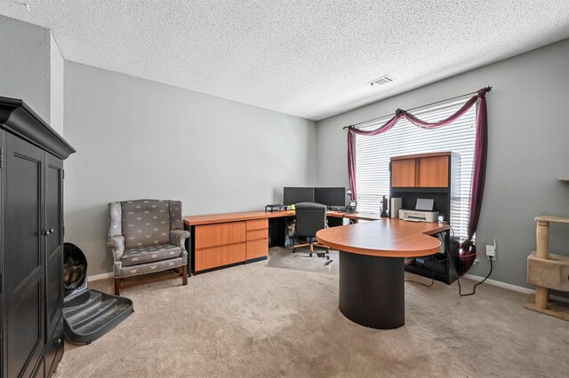 carpeted office with a textured ceiling