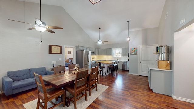 dining room with high vaulted ceiling, ceiling fan, dark hardwood / wood-style flooring, and sink