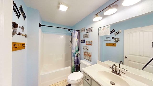 full bathroom with toilet, vanity, shower / tub combo, and tile patterned flooring