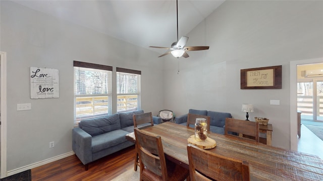 dining space featuring a wall unit AC, ceiling fan, hardwood / wood-style flooring, and high vaulted ceiling