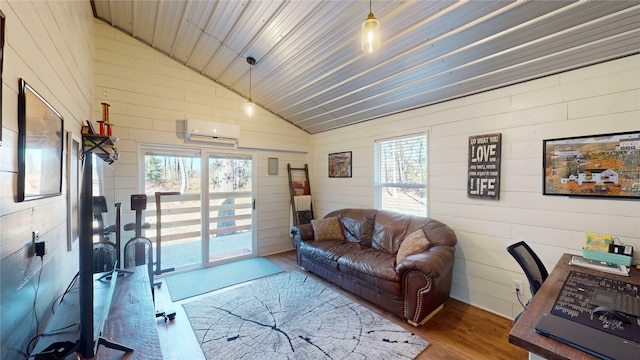 living room featuring lofted ceiling, wooden walls, hardwood / wood-style flooring, a wall mounted air conditioner, and wood ceiling