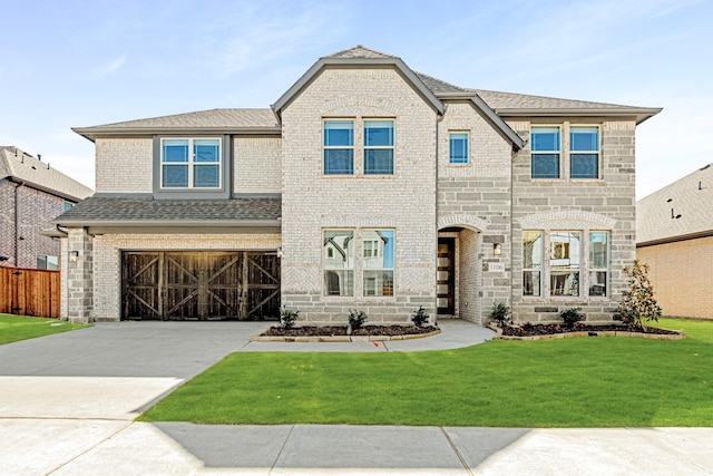 view of front of property with concrete driveway, a front yard, a shingled roof, a garage, and brick siding