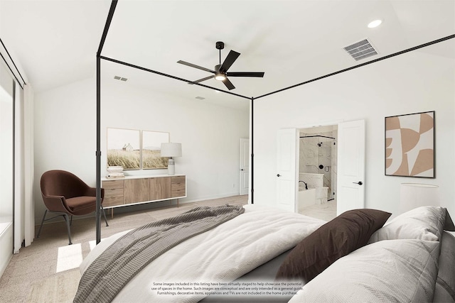 bedroom with a ceiling fan, lofted ceiling, recessed lighting, and visible vents