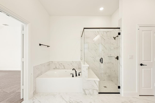 full bath with a marble finish shower, baseboards, recessed lighting, a bath, and marble finish floor