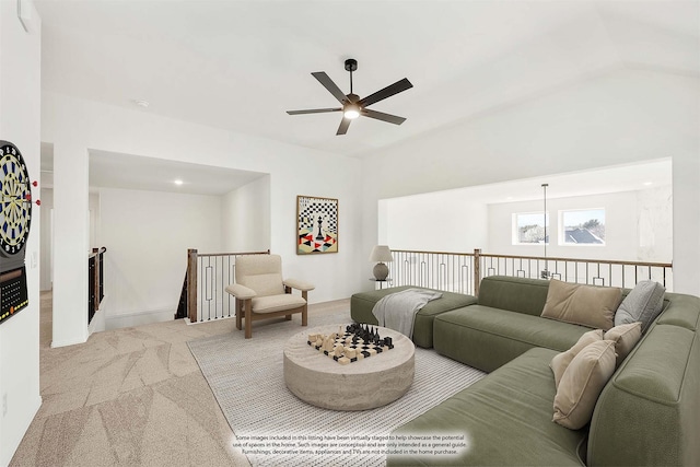 living room with carpet flooring and ceiling fan