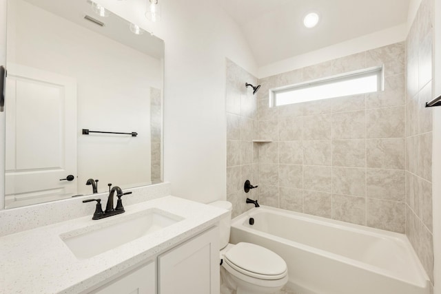 full bath featuring visible vents, tub / shower combination, toilet, and vanity