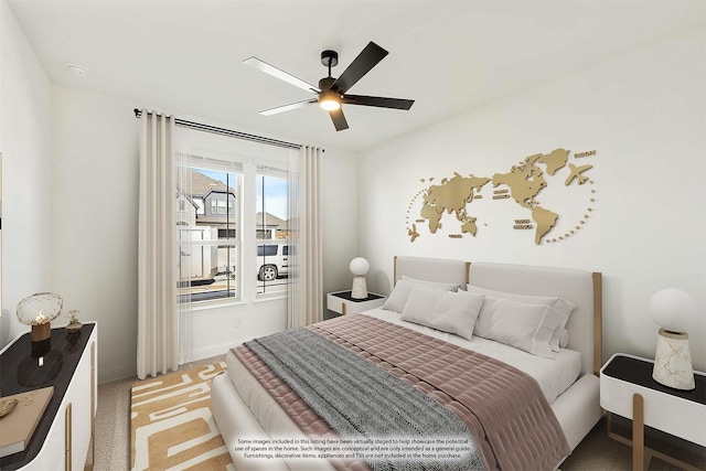 bedroom with baseboards, light carpet, and a ceiling fan