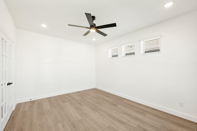 unfurnished room featuring recessed lighting, light wood-type flooring, and a ceiling fan