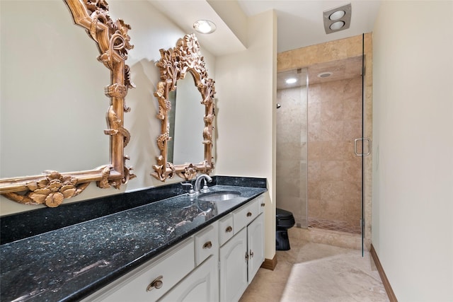 bathroom featuring toilet, vanity, and walk in shower