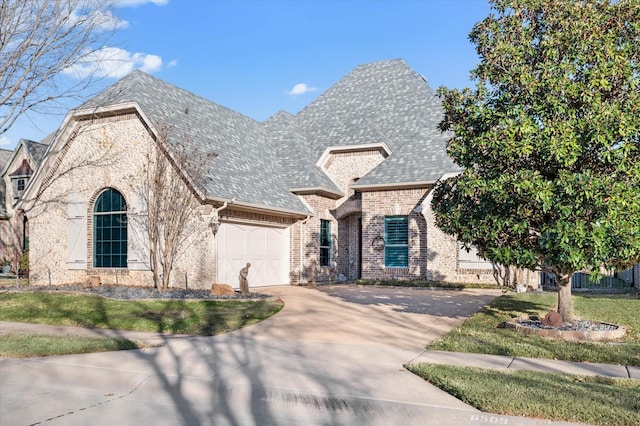 french country style house with a garage