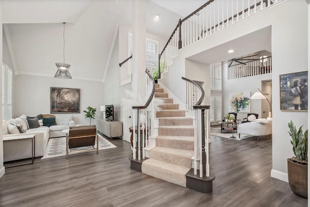 interior space featuring dark hardwood / wood-style flooring, high vaulted ceiling, and a healthy amount of sunlight