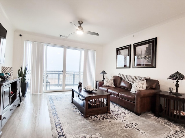 living room featuring ceiling fan and light hardwood / wood-style floors