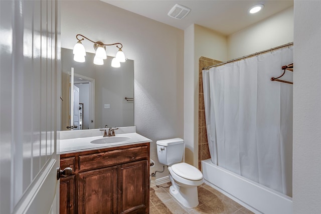 full bathroom featuring tile patterned flooring, vanity, toilet, and shower / tub combo with curtain