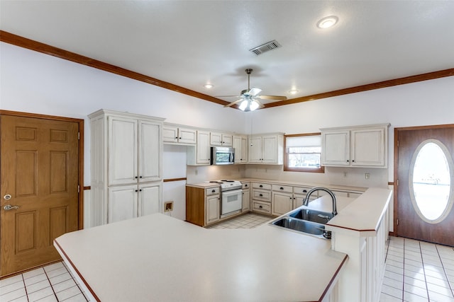 kitchen with white electric range, sink, light tile patterned floors, ornamental molding, and ceiling fan