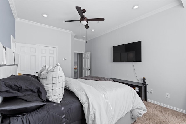 bedroom with light colored carpet, ceiling fan, and crown molding