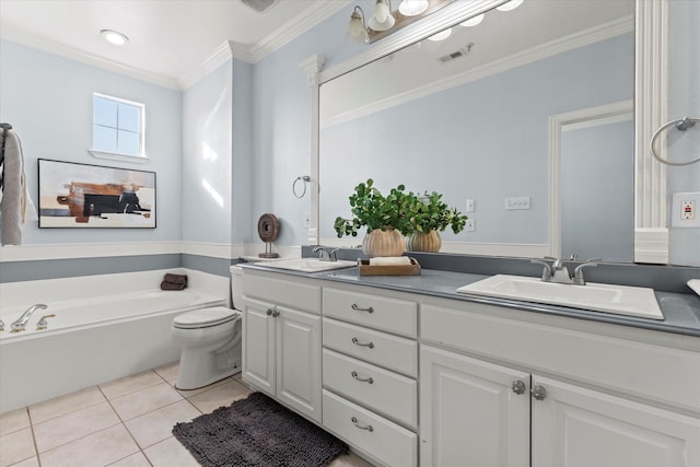 bathroom with a bathtub, vanity, crown molding, tile patterned flooring, and toilet