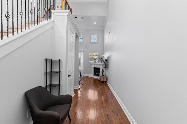 hall featuring wood-type flooring and ornamental molding