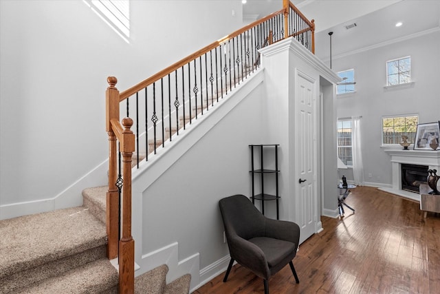 staircase with hardwood / wood-style flooring and a towering ceiling