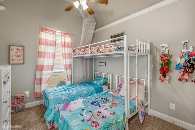 bedroom with carpet flooring, ceiling fan, and crown molding