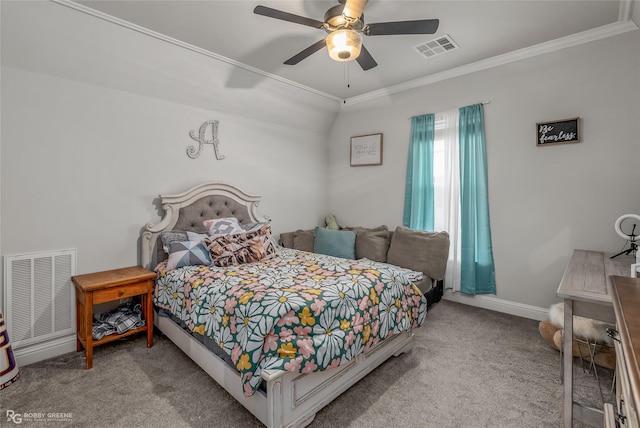 carpeted bedroom featuring ceiling fan, ornamental molding, and lofted ceiling