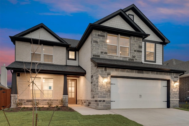 craftsman-style house with an attached garage, brick siding, a shingled roof, driveway, and stone siding