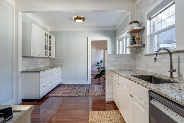 kitchen with white cabinets, tasteful backsplash, dark wood-type flooring, sink, and dishwasher