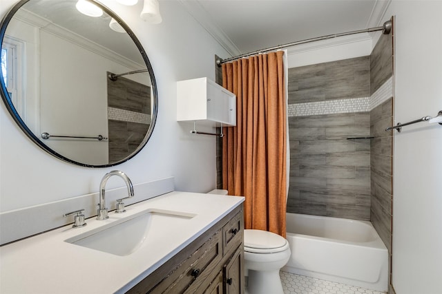 full bathroom with vanity, tile patterned floors, shower / bath combination with curtain, crown molding, and toilet