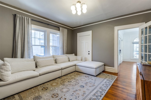 living room with crown molding, an inviting chandelier, and hardwood / wood-style flooring