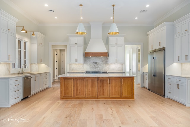 kitchen featuring appliances with stainless steel finishes, custom exhaust hood, a sink, light countertops, and ornamental molding