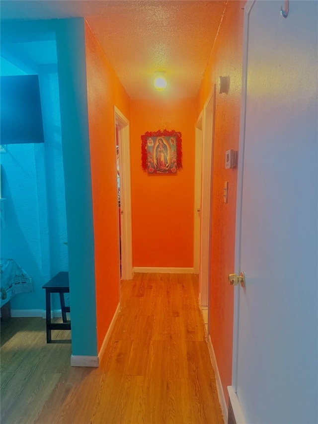 hallway with a textured ceiling and light hardwood / wood-style flooring