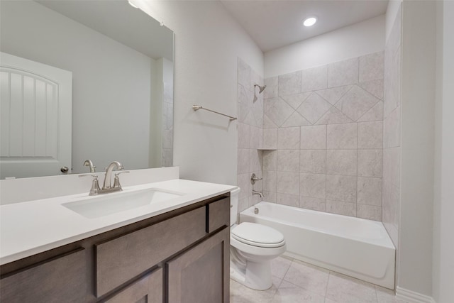 bathroom featuring shower / bathtub combination, tile patterned flooring, toilet, recessed lighting, and vanity