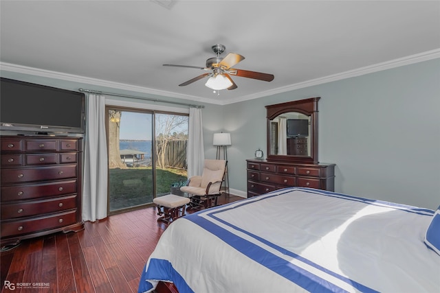 bedroom featuring access to exterior, dark wood-type flooring, ceiling fan, and crown molding