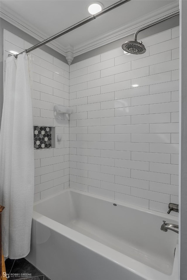 bathroom with shower / bath combination with curtain, tile patterned floors, and ornamental molding