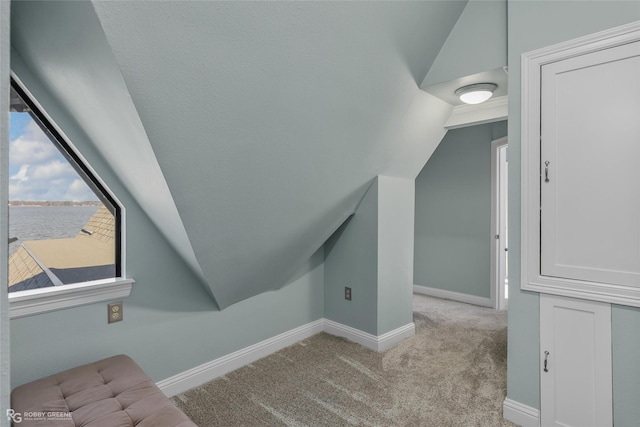 additional living space with a water view, light colored carpet, and lofted ceiling