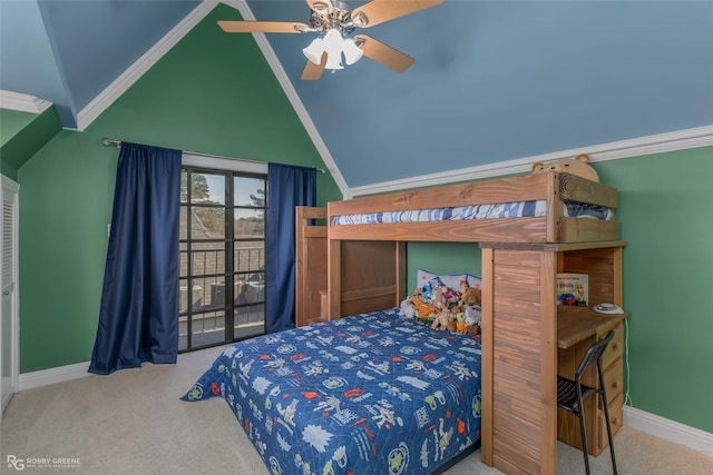 carpeted bedroom featuring ceiling fan, high vaulted ceiling, and ornamental molding