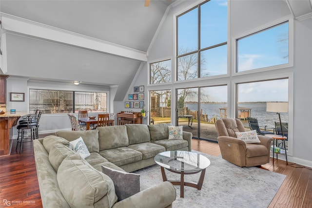 living room with hardwood / wood-style flooring, a water view, a healthy amount of sunlight, and high vaulted ceiling