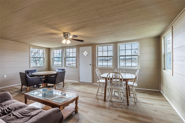 living area featuring light wood-style floors, wooden ceiling, and a ceiling fan
